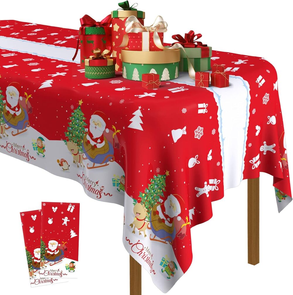 Christmas Plastic Tablecloths 54x108 inches Santa Sleigh Reindeer Holiday Party